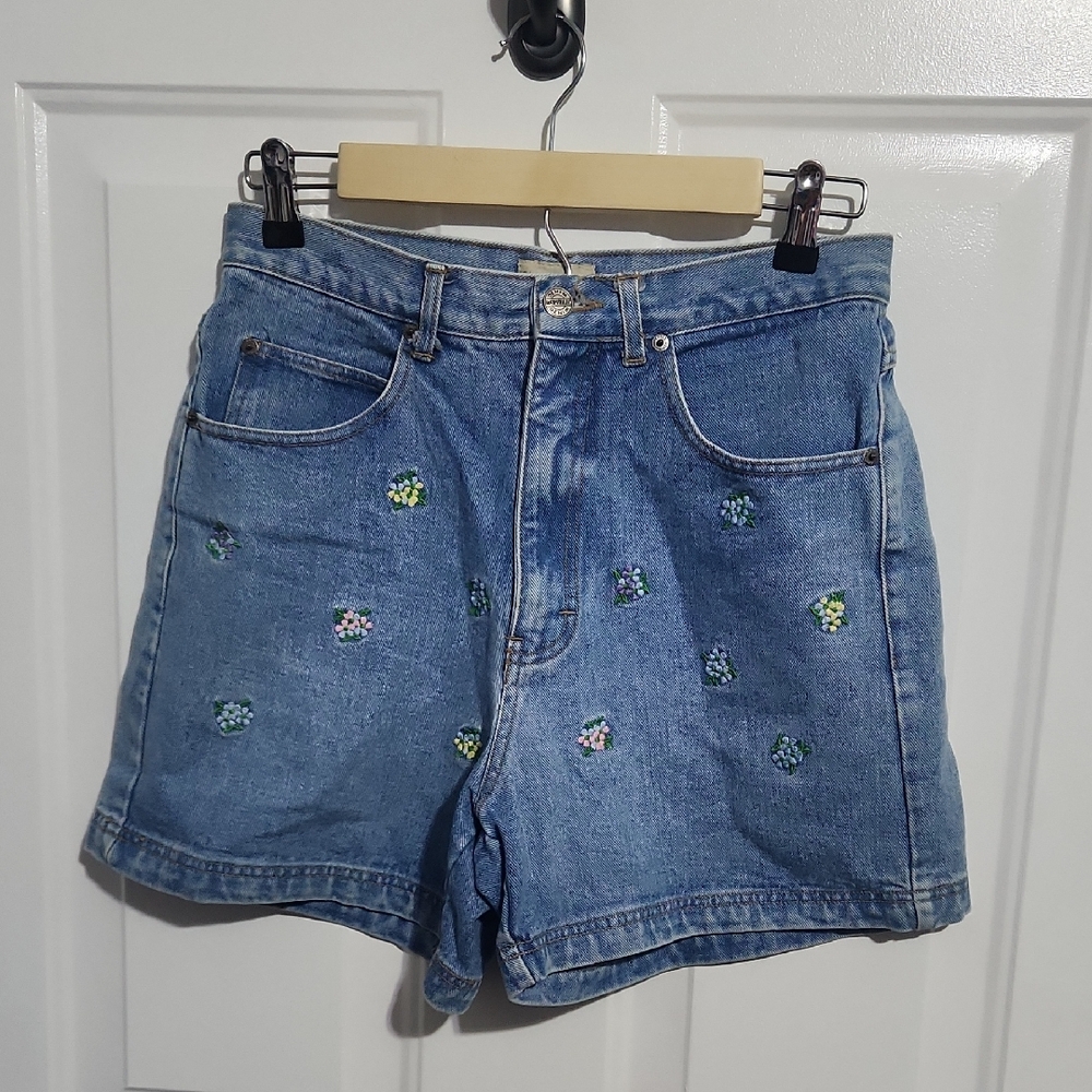 Floral Embroidered Blue Denim Shorts